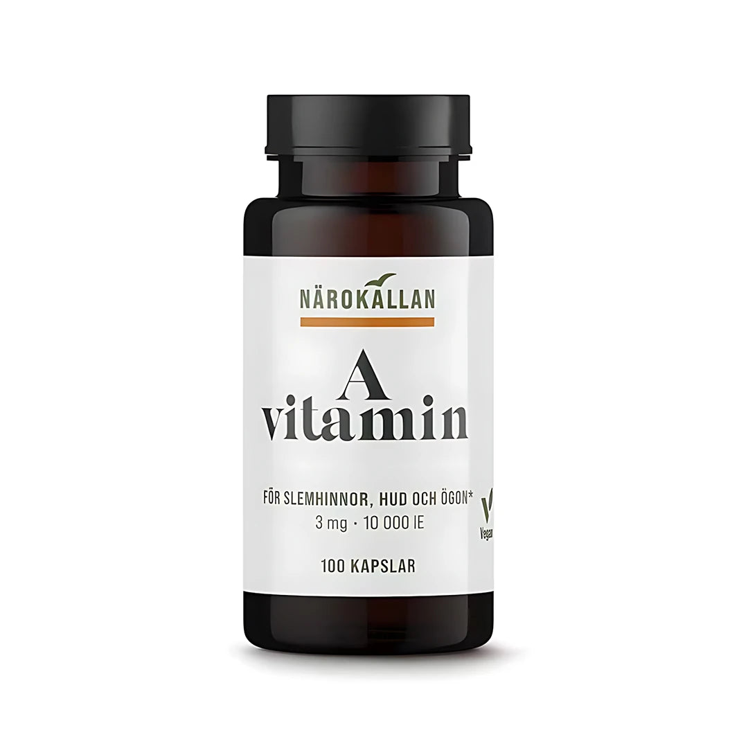 Närokällan A-vitamin 100 caps -ravintolisä tummassa purkissa, jossa on valkoinen etiketti ja musta kansi., kuva 1/1