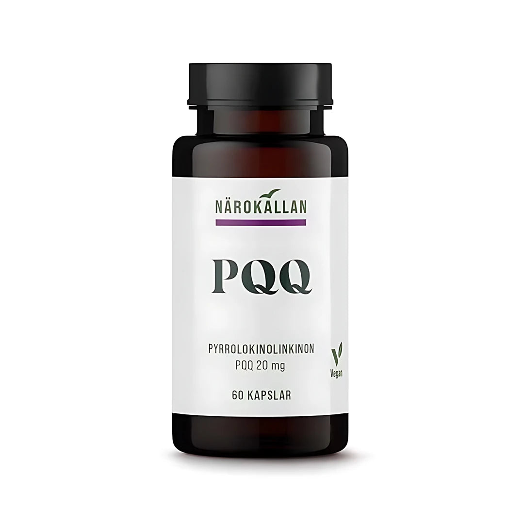 Närokällan PQQ 60 caps, mörk burk med vit etikett och svart lock, ett veganskt kosttillskott i kapselform., bild 1 av 1