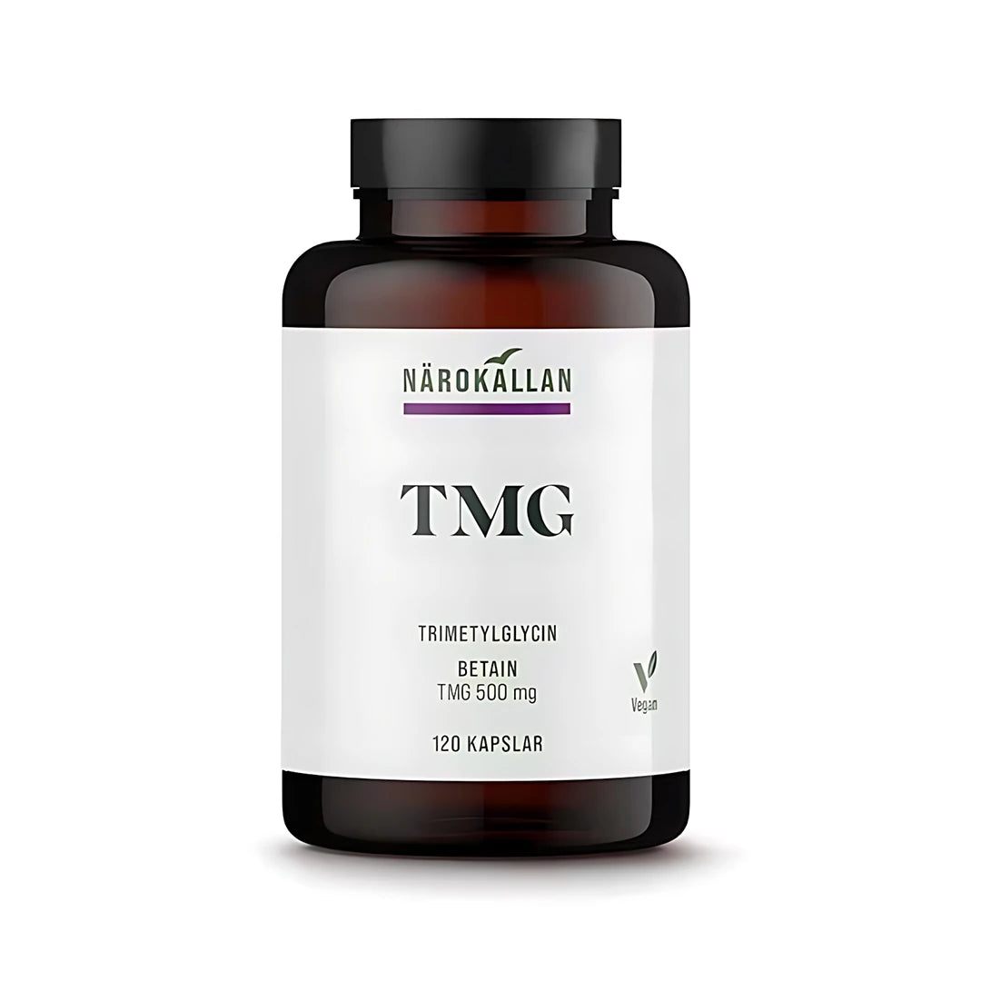 Närokällan TMG 120 caps -vegaaninen ravintolisä tummanruskeassa purkissa valkoisella etiketillä., kuva 1/1