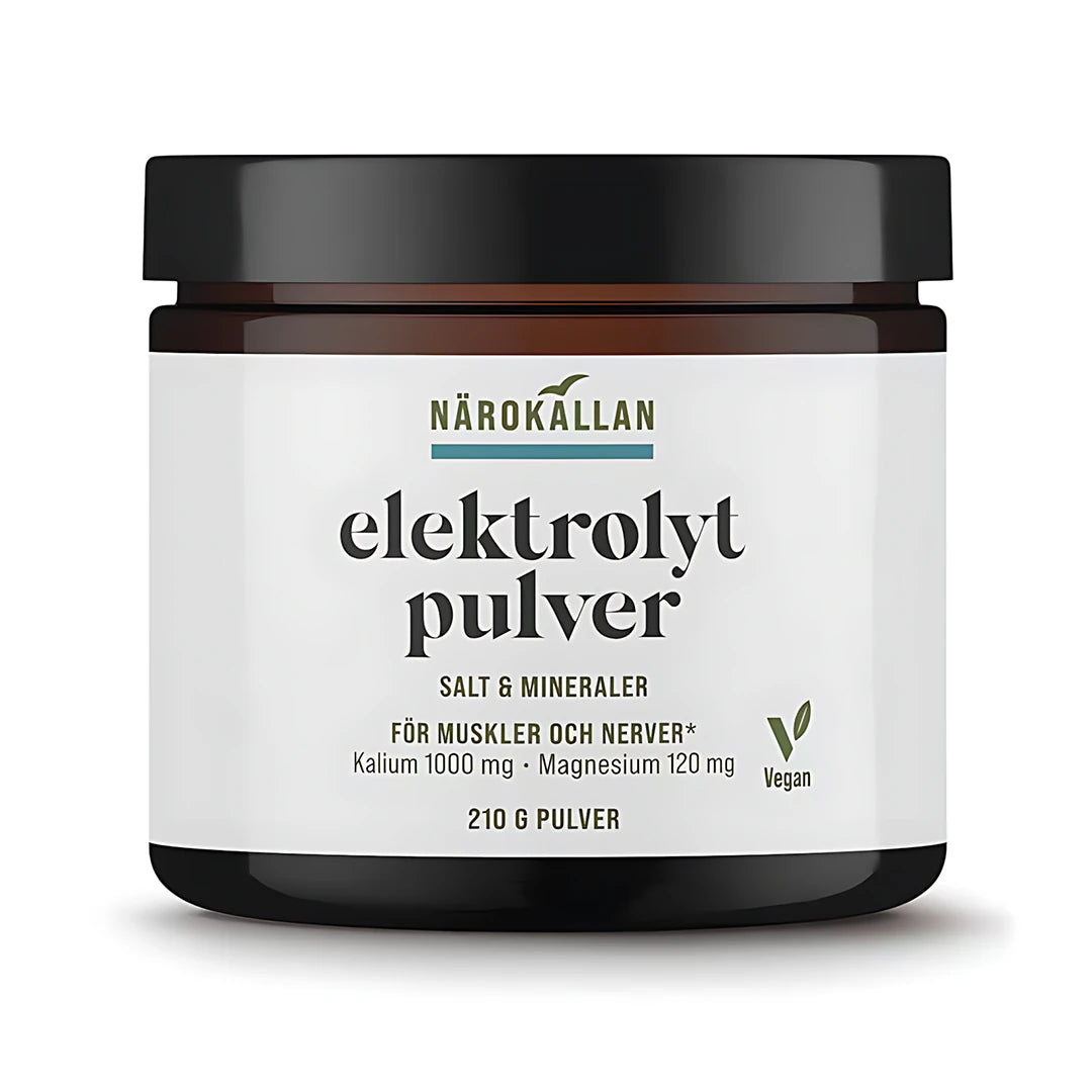 Närokällan Elektrolytpulver 210 g tummassa purkissa, jossa on valkoinen etiketti ja musta kansi., kuva 1/1