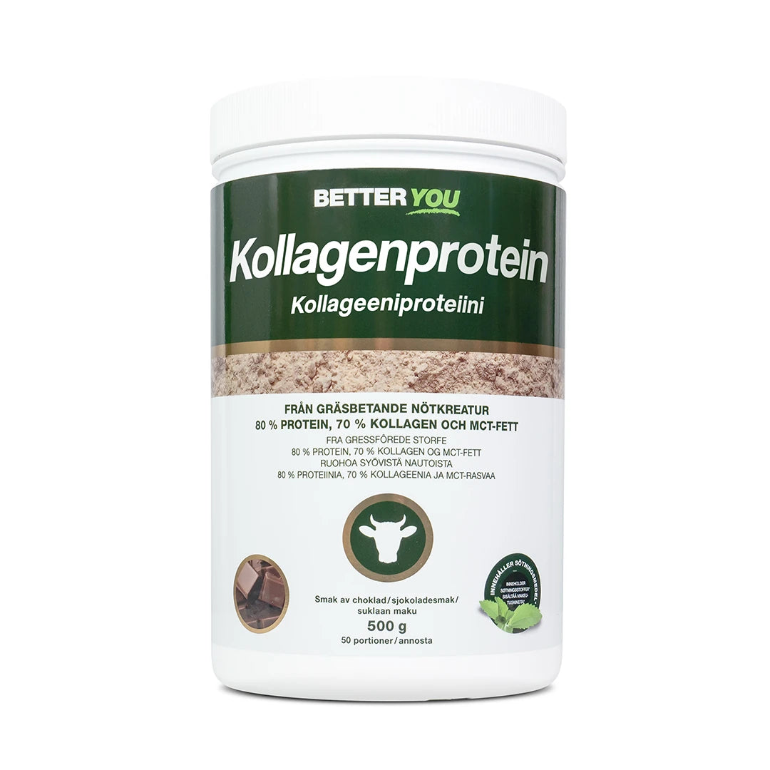 Better You Kollagenprotein 500 g -proteiinijauhe valkoisessa purkissa tummanvihreällä etiketillä, makuna suklaa., kuva 1/1