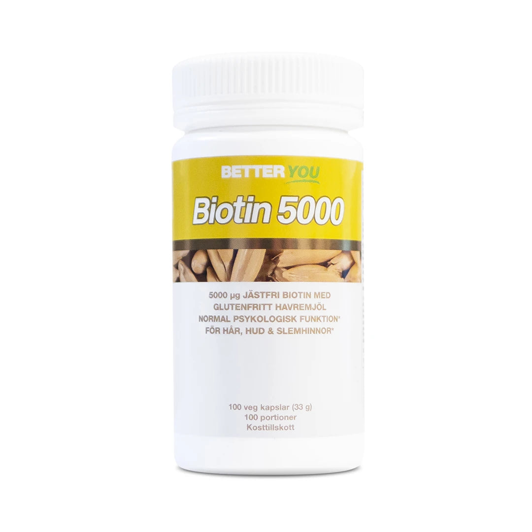Better You Biotin 5000 - 100 caps -ravintolisä valkoisessa BIO-purkissa, jossa on keltainen ja valkoinen etiketti., kuva 1/1