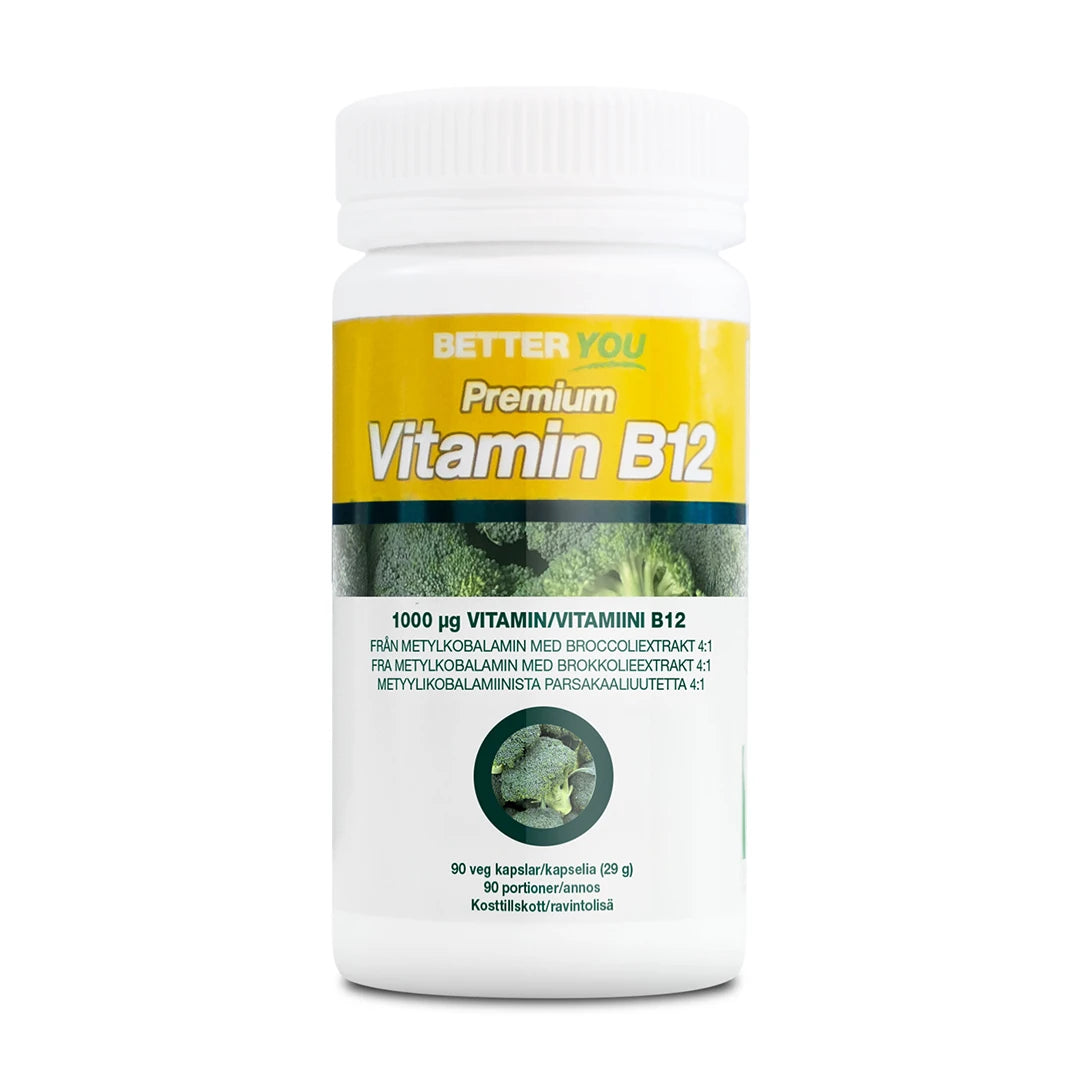 Better You Premium Vitamin B12 - 90 caps valkoisessa purkissa, jonka keltaisessa etiketissä on parsakaalin kuvia., kuva 1/1