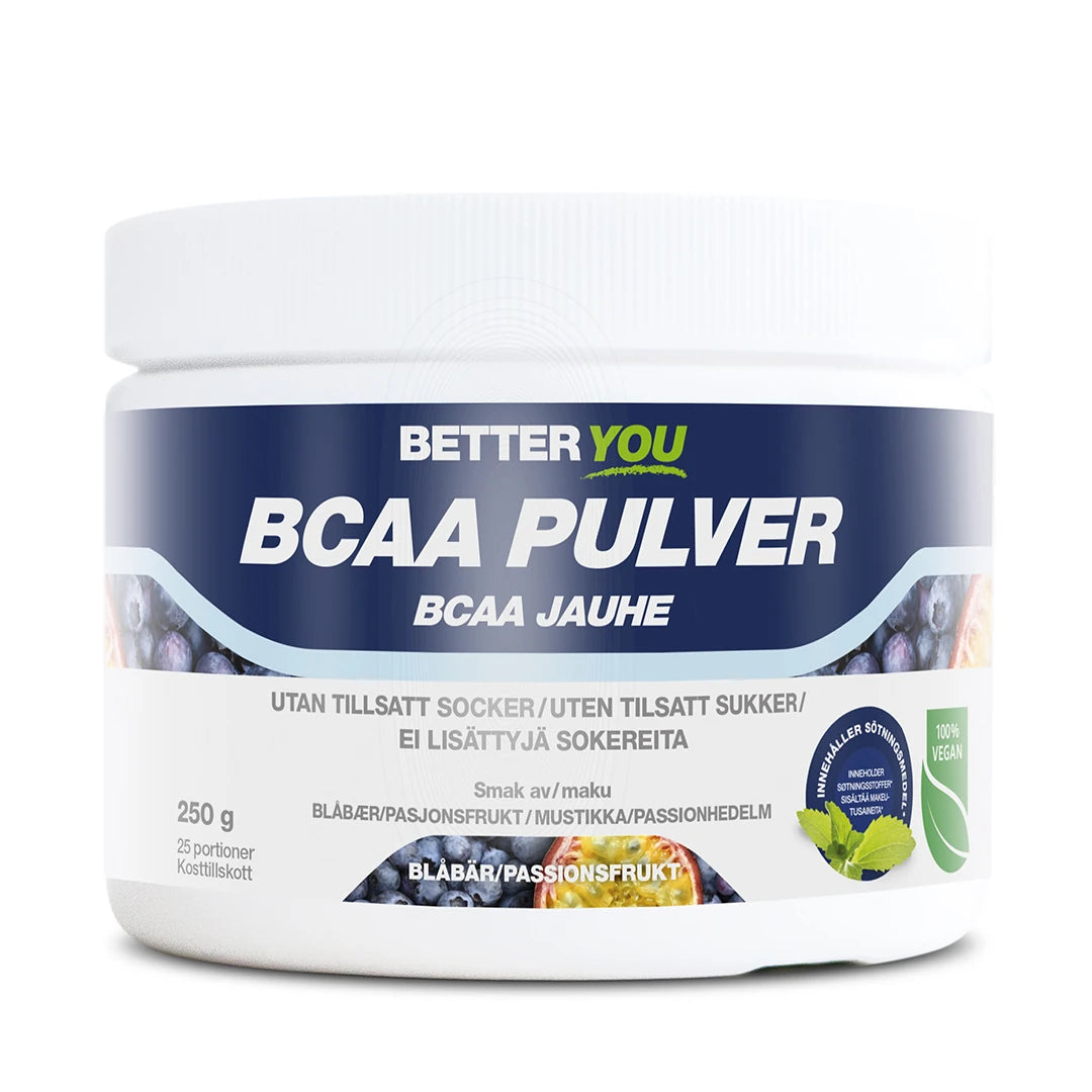 Better You Naturligt BCAA Pulver 250 g valkoisessa, sinietikettisessä purkissa, makuna mustikka ja passionhedelmä., kuva 1/1