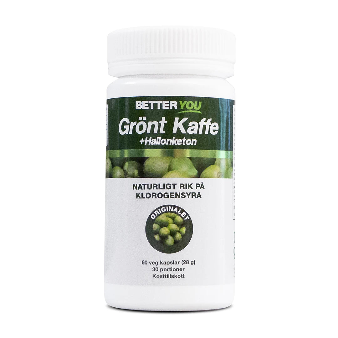Better You Grönt Kaffe + Hallonketon 60 kaps -ravintolisä valkoisessa purkissa vihreällä etiketillä ja kahvipapujen kuvalla., kuva 1/1