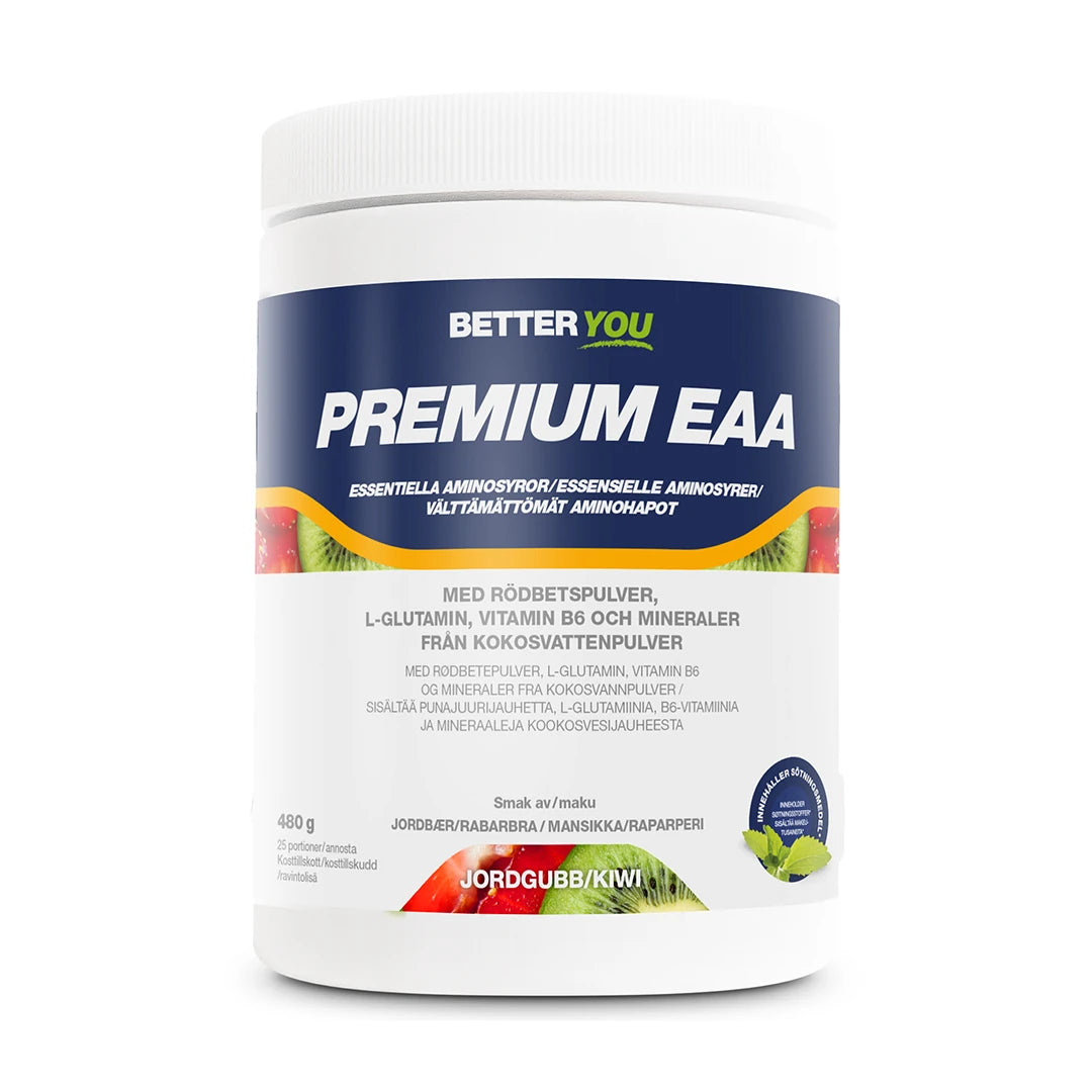 Better You Premium EAA 480 g -aminohapot valkoisessa purkissa sinisillä ja oransseilla yksityiskohdilla, makuna mansikka-kiivi., kuva 3/3