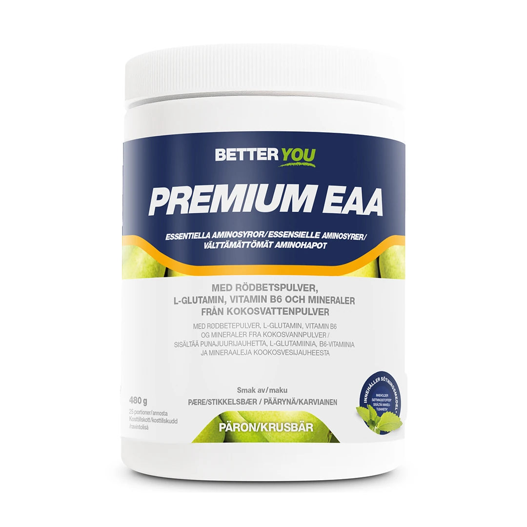 Better You Premium EAA 480 g -aminohappolisä valkoisessa purkissa tummansinisellä etiketillä, maku Päärynä/Karviainen.