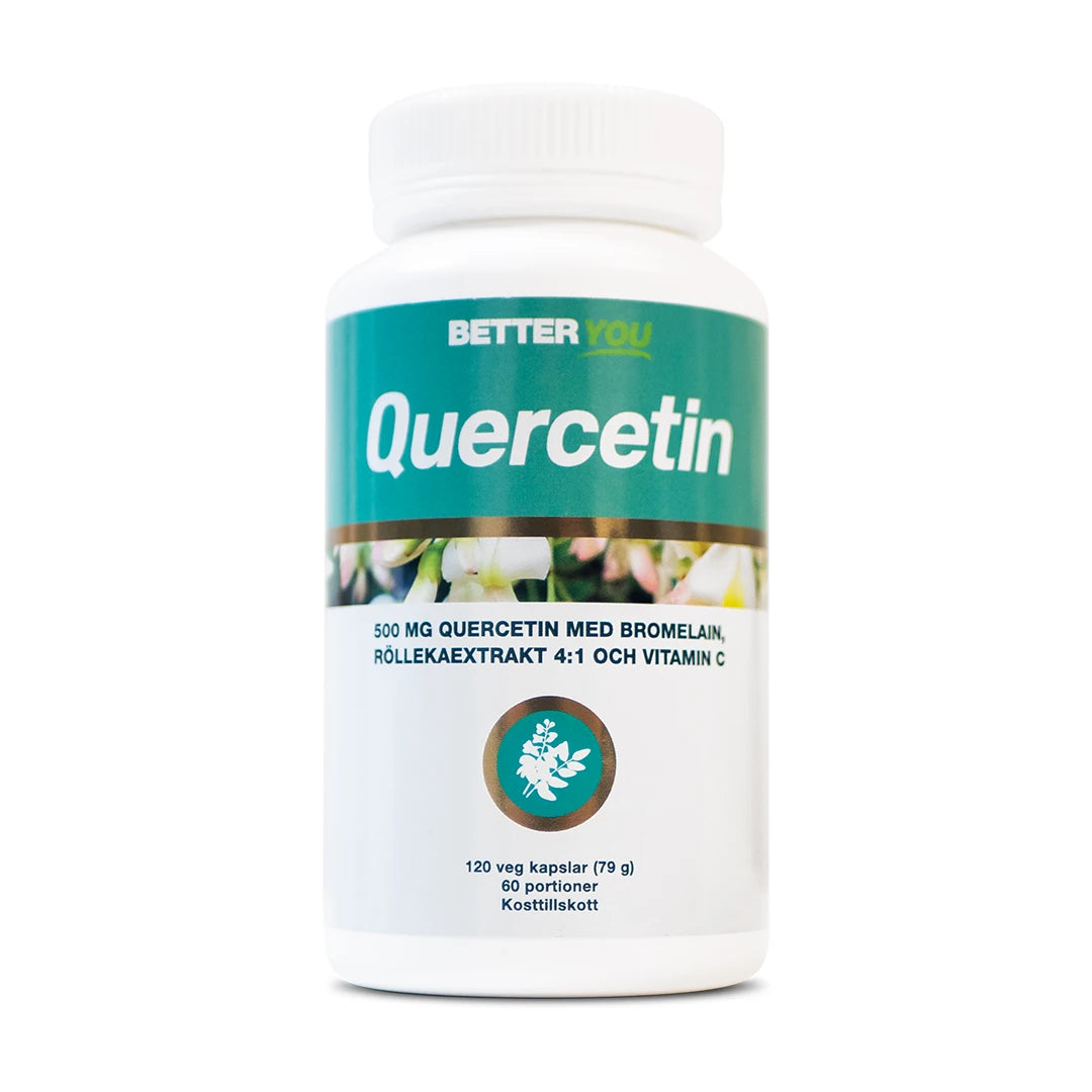 Better You Quercetin 120 caps -ravintolisä valkoisessa muovipurkissa, jossa on turkoosi ja valkoinen etiketti., kuva 1/1