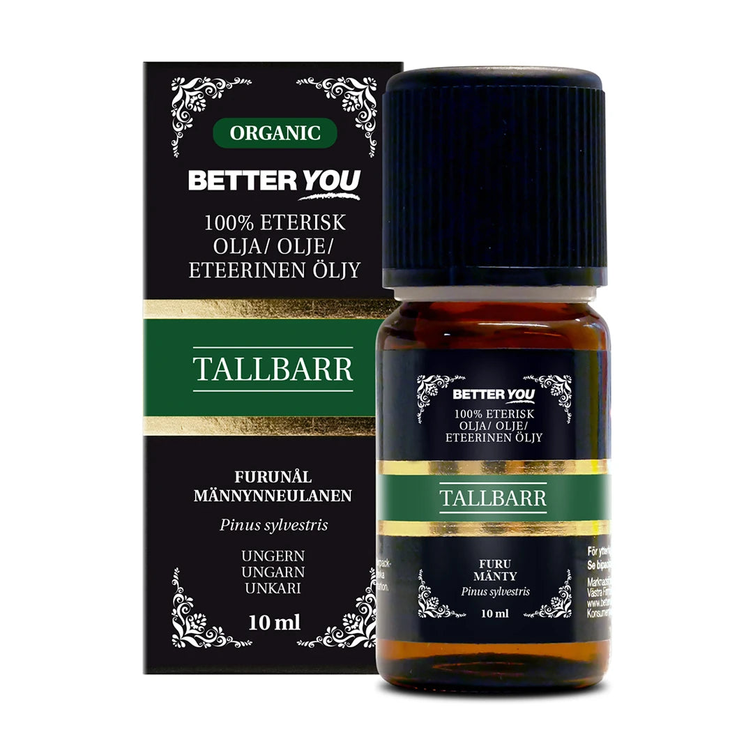 Better You Tallbarrsolja EKO Eterisk 10 ml tummassa lasipullossa ja vihreäyksityiskohtaisessa pakkauksessa., kuva 1/1