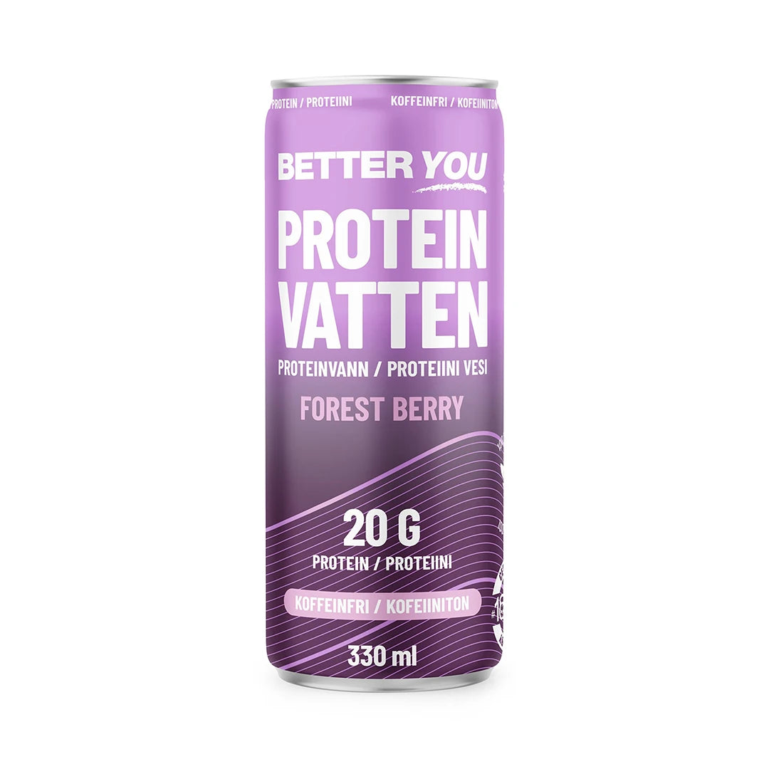Better You Proteiinivesi 330 ml violetissa tölkissä valkoisilla yksityiskohdilla, makuna kofeiiniton Forest Berry., kuva 1/4