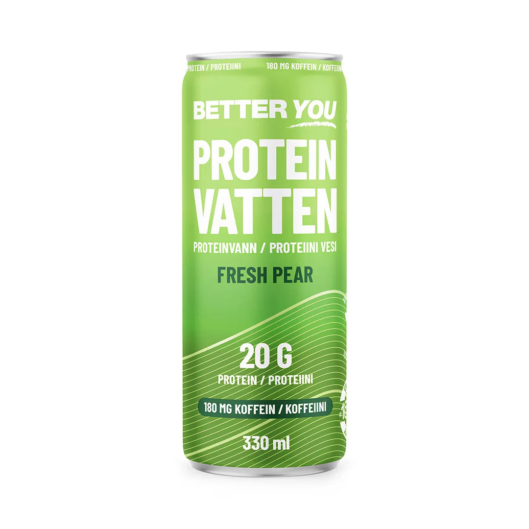Better You Proteiinivesi 330 ml vaaleanvihreässä tölkissä valkoisella tekstillä, makuna Fresh Pear., kuva 2/4