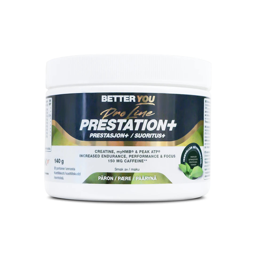 Better You Prestation Plus 140 g -tehonlisääjäjauhe valkoisessa purkissa, makuna päärynä., kuva 1/1