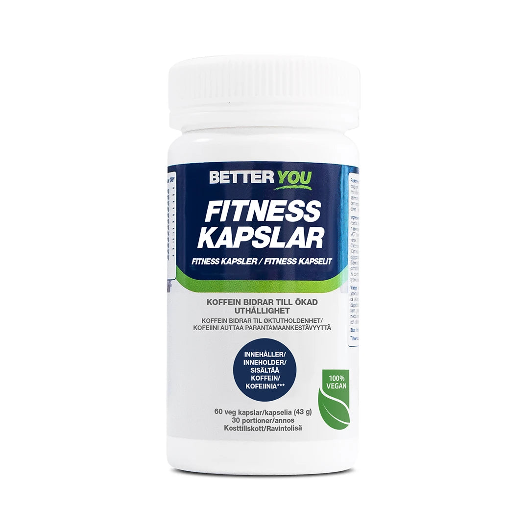Valkoinen purkki sinivihreällä etiketillä: kestävyyttä lisäävä Better You Fitness Kapslar med koffein 60 caps., kuva 1/1
