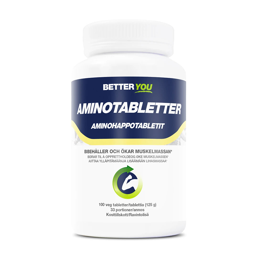 Better You Amino Tabletter 100 tabs aminosyratillskott i en vit burk med mörkblå och gröna detaljer., bild 1 av 1