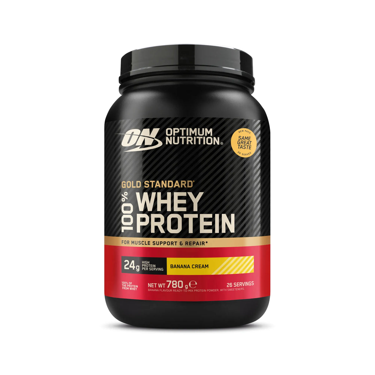Optimum Nutrition 100% Whey Gold Standard 775 g -proteiinijauhe mustassa purkissa punaisin yksityiskohdin, makuna Banana., kuva 1/8
