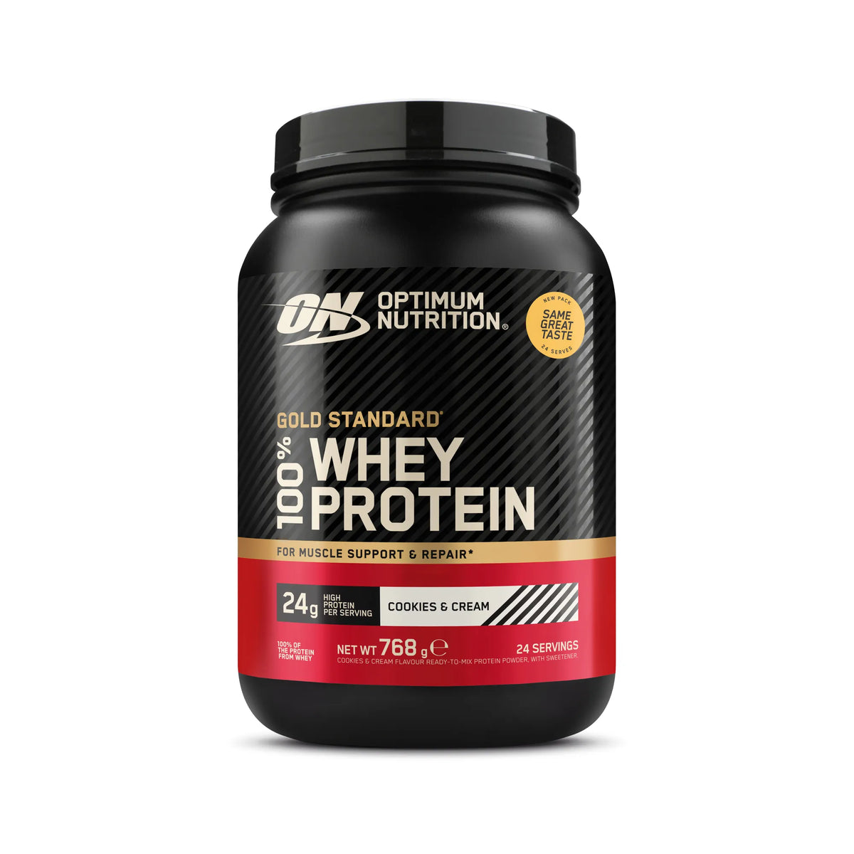 Optimum Nutrition 100% Whey Gold Standard 775 g -proteiinijauhe musta-punaisessa purkissa, makuna Cookies &amp; Cream., kuva 2/8
