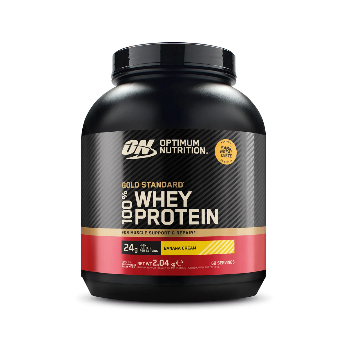 Optimum Nutrition 100% Whey Gold Standard 2 kg proteinpulver i en svart burk med röd etikett för smaken Banana Cream., bild 1 av 6