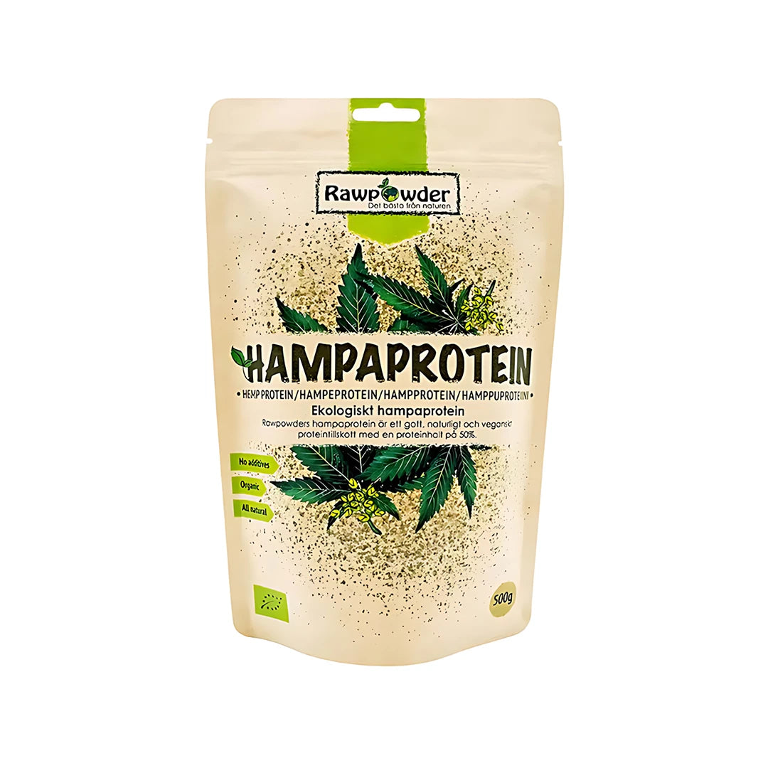 Rawpowder Hampaprotein 500 g -hamppuproteiinia beigessä pussissa, jossa on vihreitä hampunlehtiä., kuva 1/1