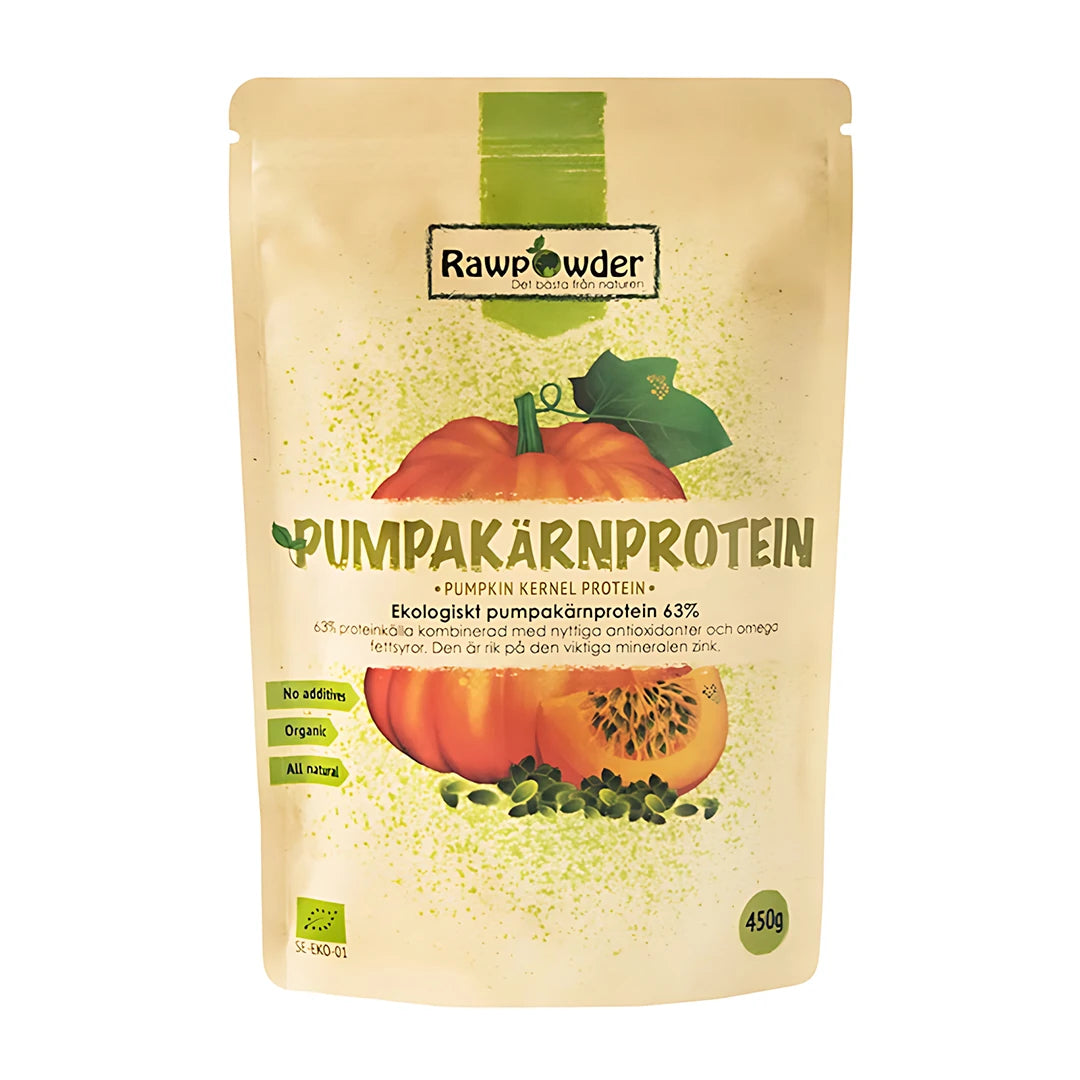 Rawpowder Pumpakärnprotein 450 g -luomuproteiinijauhe beigessä pussissa, jossa on kurpitsan kuvitus., kuva 1/1