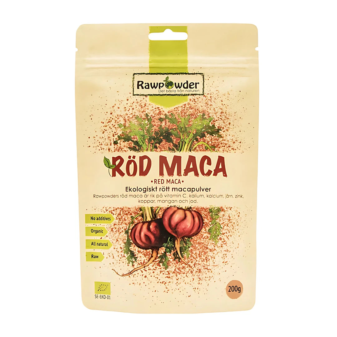 Vaaleankeltainen pussi Rawpowder Röd Maca 200 g -luomumacajauhetta, jossa on kuvitus punaisista macajuurista., kuva 1/1