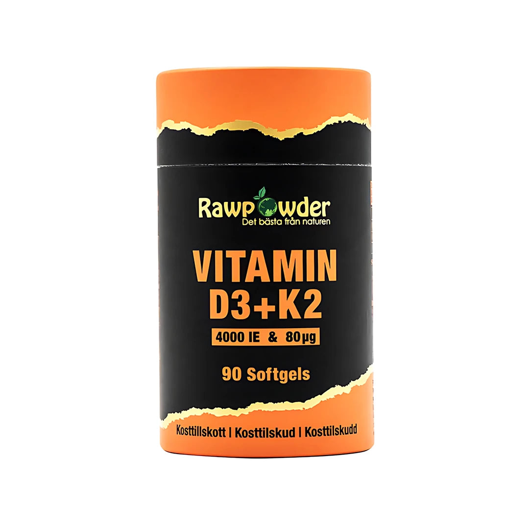 Rawpowder Vitamin D3 + K2 90 caps -ravintolisä mustassa purkissa, jossa on oransseja yksityiskohtia., kuva 1/1