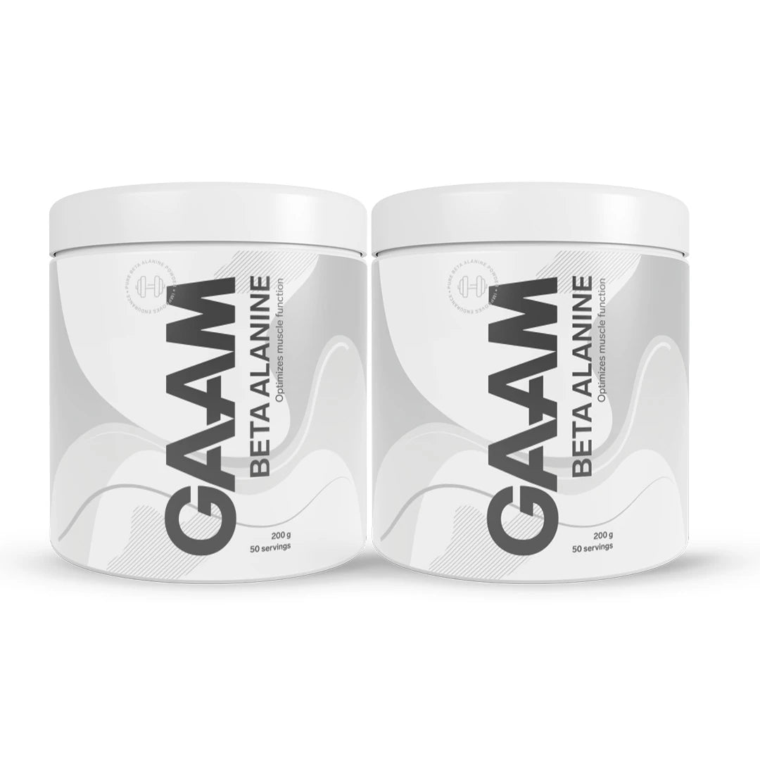 2 x GAAM Beta alanine 200 g aminohappoja kahdessa valkoisessa purkissa, joissa on harmaita yksityiskohtia ja musta teksti., kuva 1/1