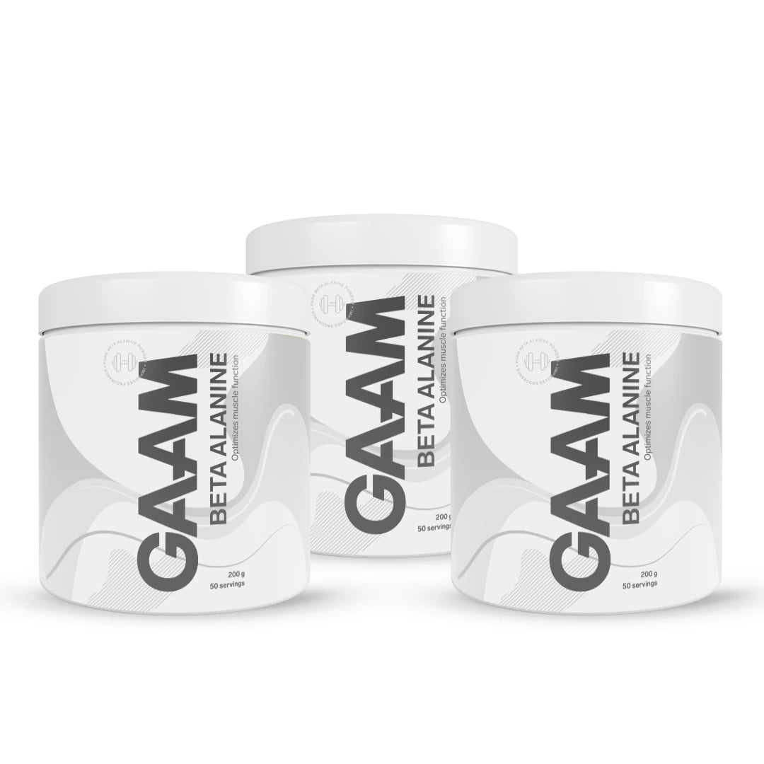 3 x GAAM Beta alanine 200 g aminohappoja kolmessa valkoisessa purkissa harmailla ja mustilla yksityiskohdilla., kuva 1/1