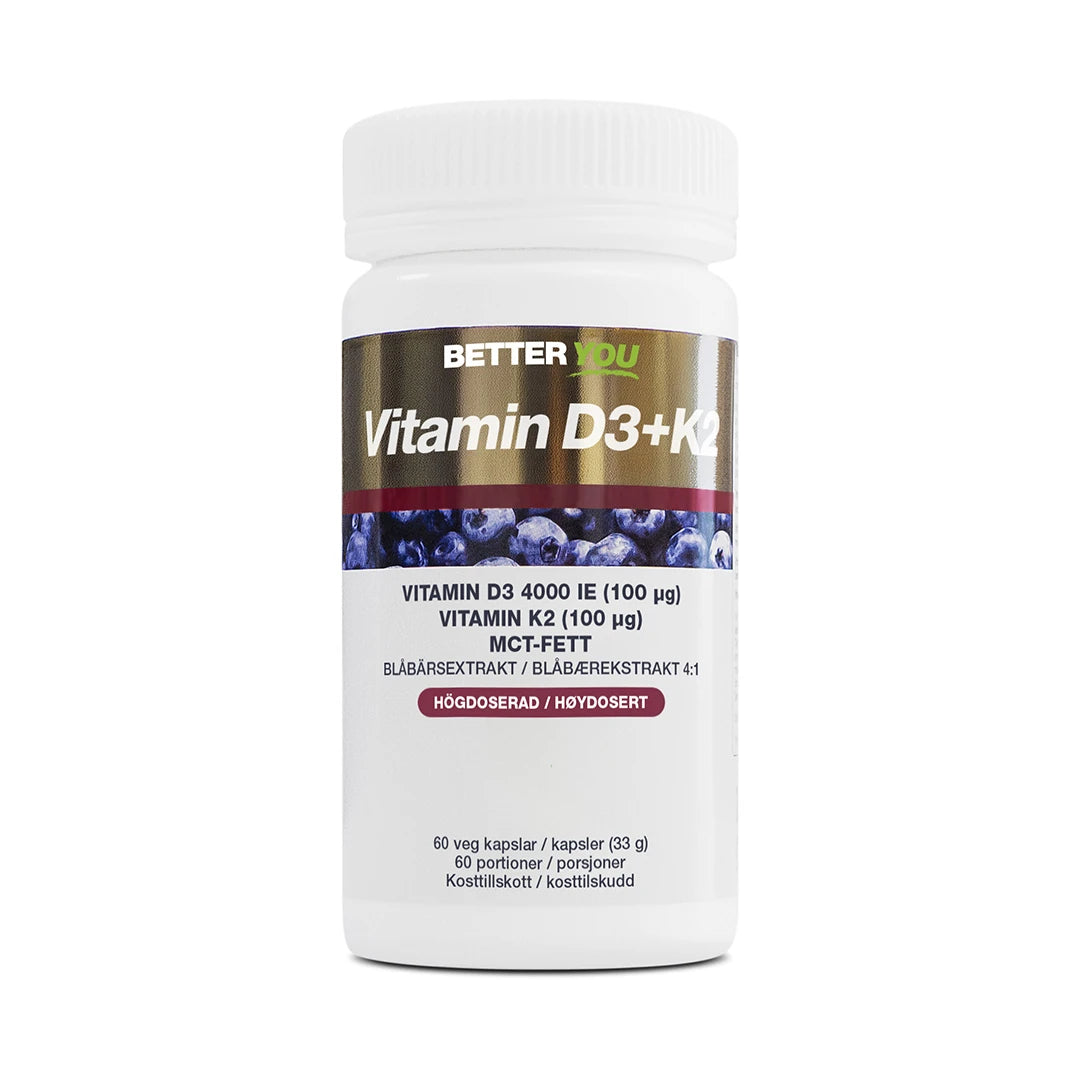 Better You Vitamin D3 4000IE + K2 100µg - 60 kaps valkoisessa purkissa, jossa on mustikkakuvio ja kultaisia yksityiskohtia., kuva 1/1