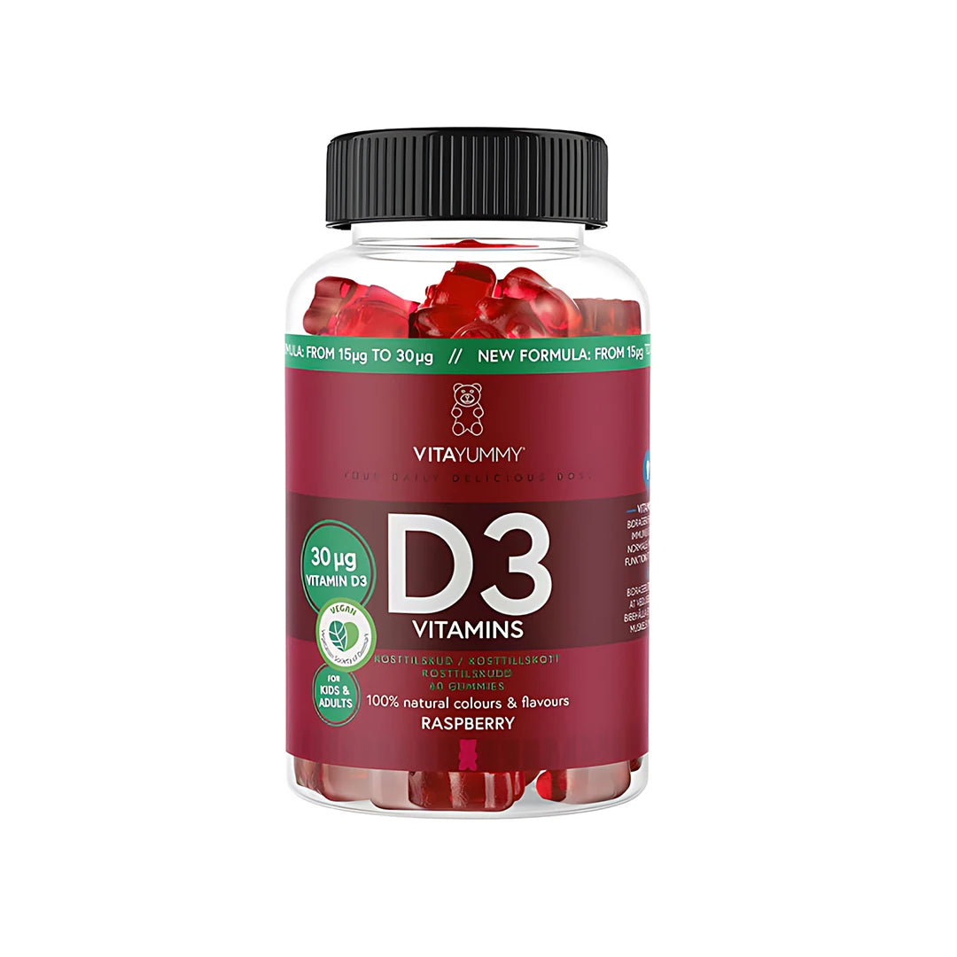 VitaYummy D3 Vitamin 60 pcs vegaaniset viinikumit läpinäkyvässä, mustakantisessa purkissa tummanpunaisella etiketillä., kuva 1/1