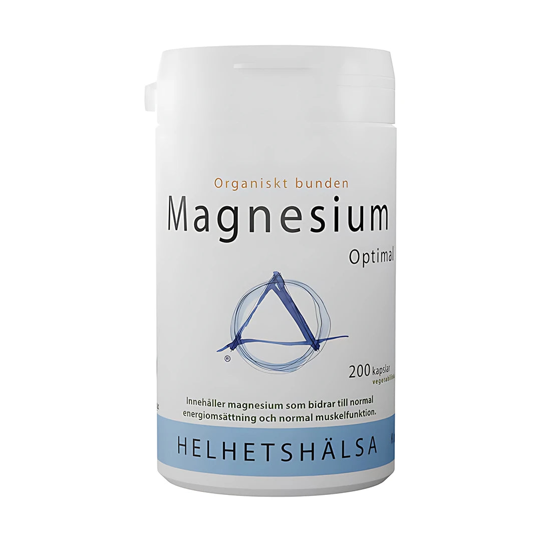 Helhetshälsa Magnesium Optimal 200 caps, ravintolisä pakattuna valkoiseen muovipurkkiin, jossa on vaaleansinisiä yksityiskohtia., kuva 1/1