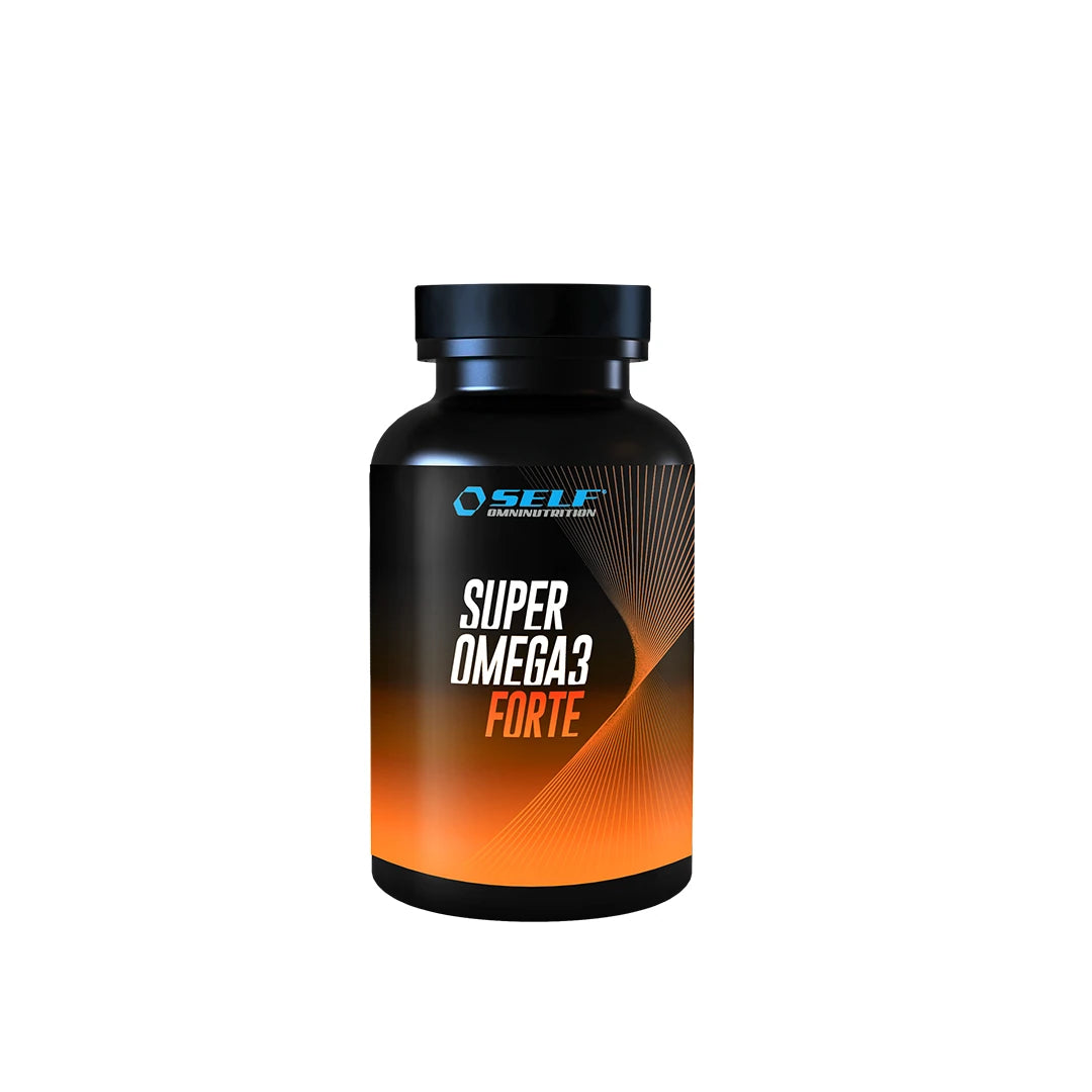 Self Omninutrition Super Omega 3 Forte 120 caps -omega-3-ravintolisä mustassa purkissa oransseilla yksityiskohdilla., kuva 1/1