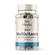 Heela Multivitamin Man 60 caps läpinäkyvässä muovipurkissa, jossa on vaaleanbeige ja sininen etiketti sekä vaalea kierrekorkki.