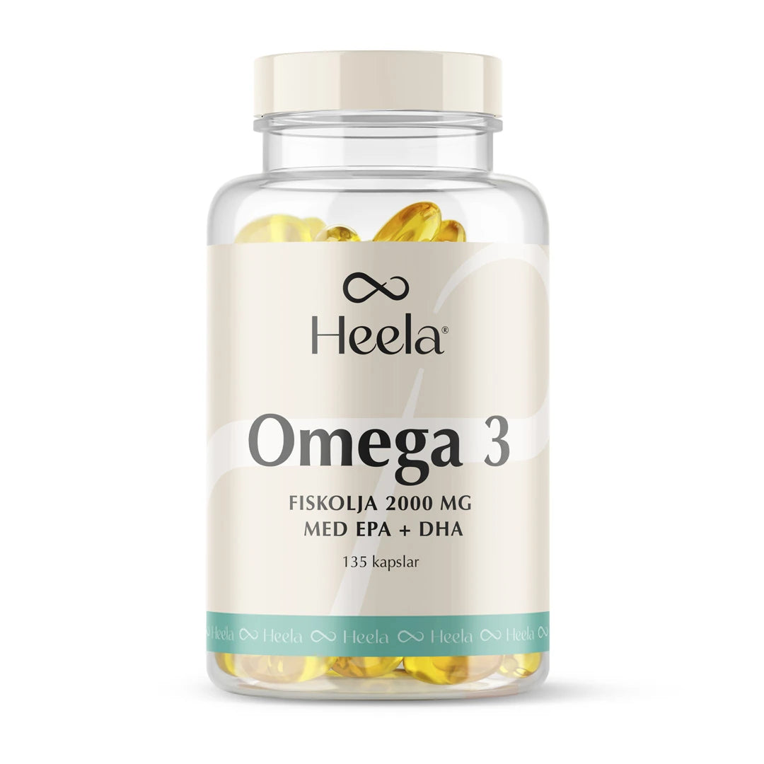 Heela Omega 3 - 135 caps -kalaöljyä läpinäkyvässä purkissa, jossa on vaalea etiketti ja keltaisia geelikapseleita., kuva 1/1