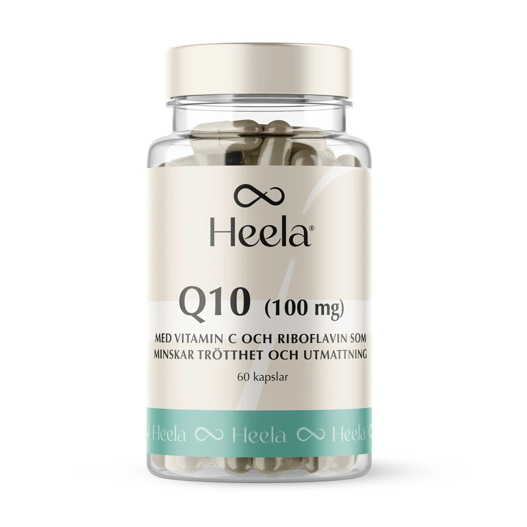 Heela Q10 - 100 mg 60 caps läpinäkyvässä purkissa, jossa on valkoinen etiketti ja turkoosi yksityiskohta., kuva 1/1