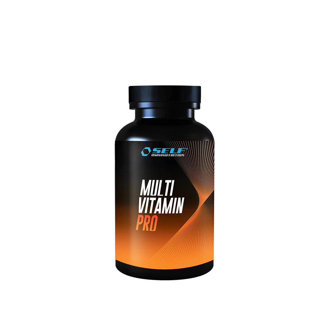 Self Omninutrition Multivitamin 120 caps -täydellinen ravintolisä mustassa purkissa oransseilla yksityiskohdilla., kuva 1/1
