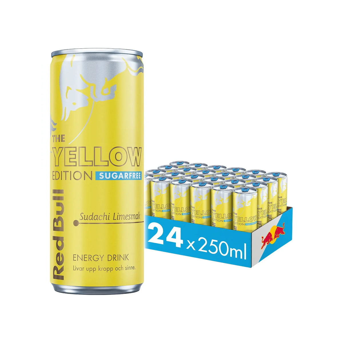 24 x Red Bull 250 ml Summer Edition Sugarfree - Sudachi Lime i ett blått flak fyllt med gula och silvriga burkar.