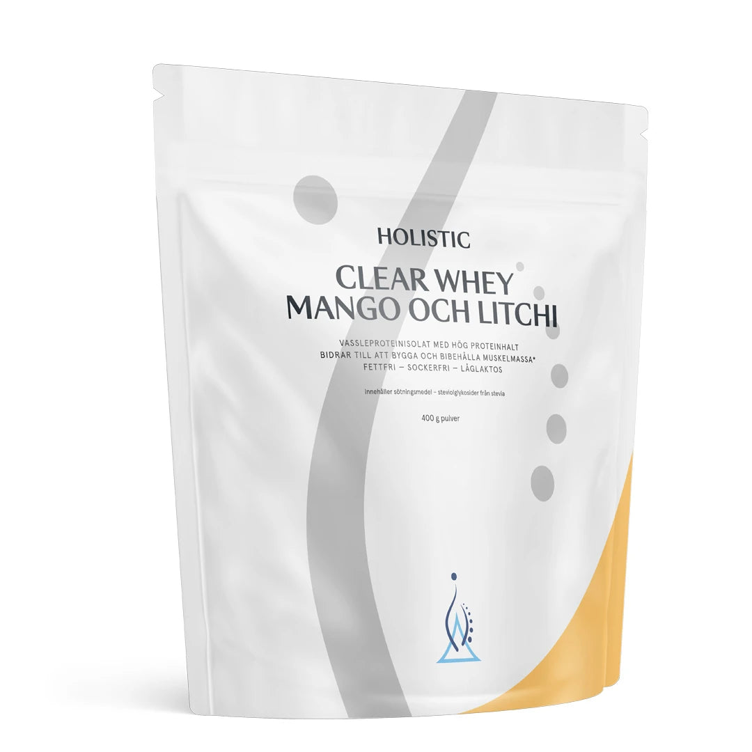 Holistic Clear Whey 400 g -proteiinijauhe valkoisessa pussissa keltaisilla yksityiskohdilla, makuna Mango ja Litši., kuva 2/2