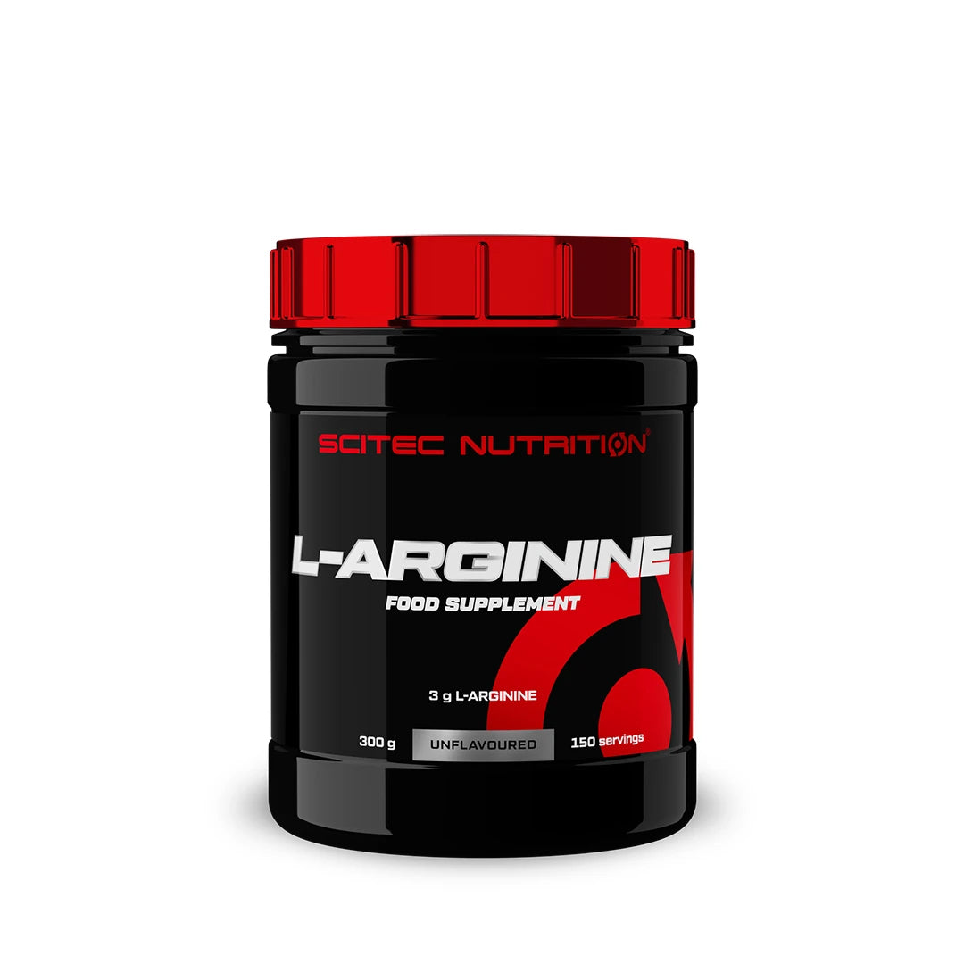 Scitec Nutrition L-Arginine 300 g -aminohappolisä mustassa purkissa, jossa on punainen kansi., kuva 1/1