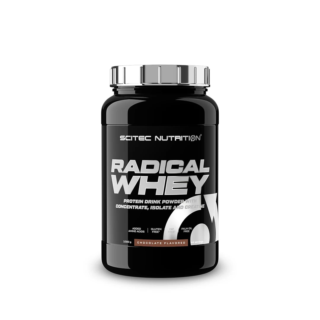 Scitec Nutrition Radical Whey 1 kg -proteiinijauhe makuna Chocolate mustassa purkissa hopeisella kannella., kuva 1/1