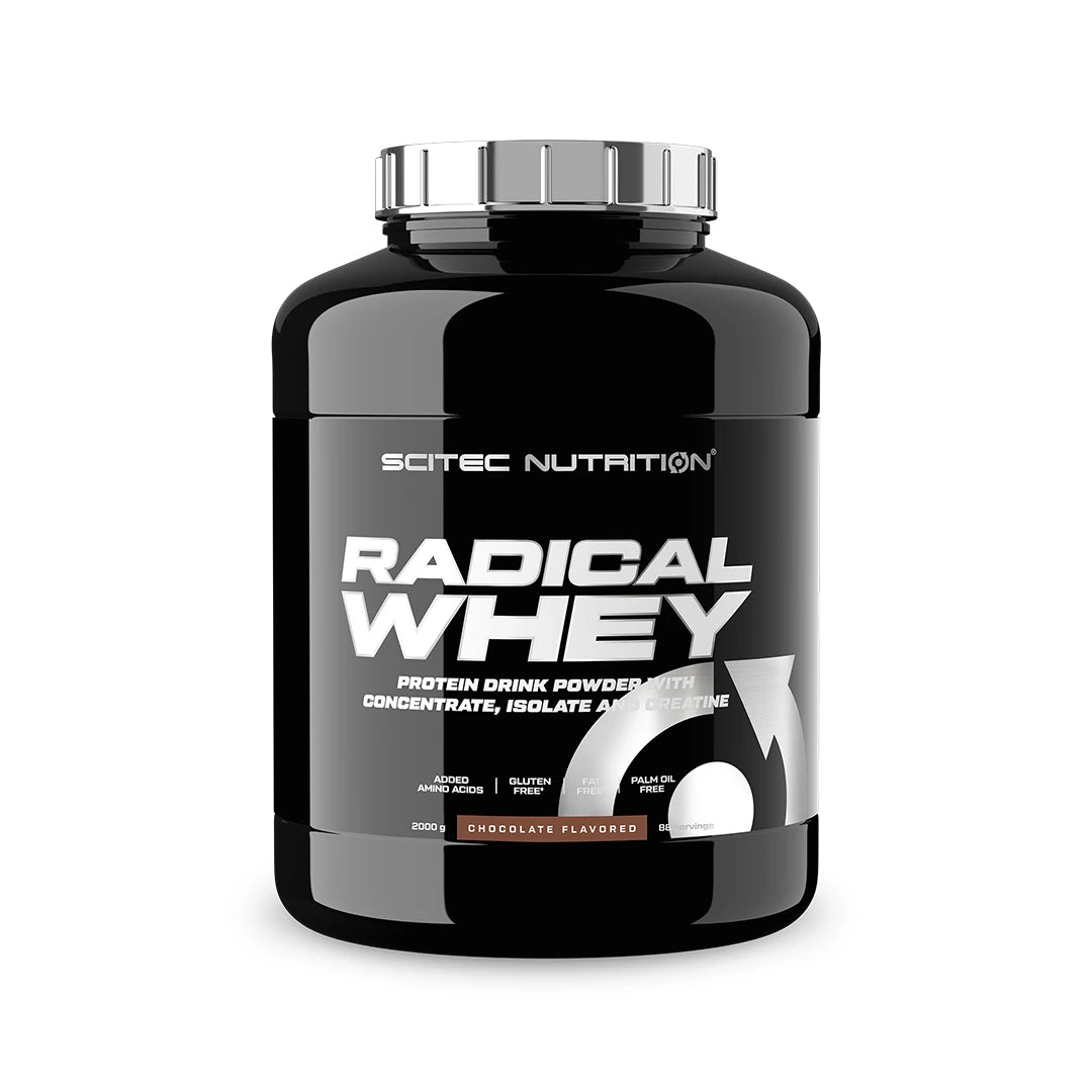 Scitec Nutrition Radical Whey 2 kg -proteiinijauhe mustassa purkissa hopeisilla yksityiskohdilla, makuna Chocolate., kuva 1/1