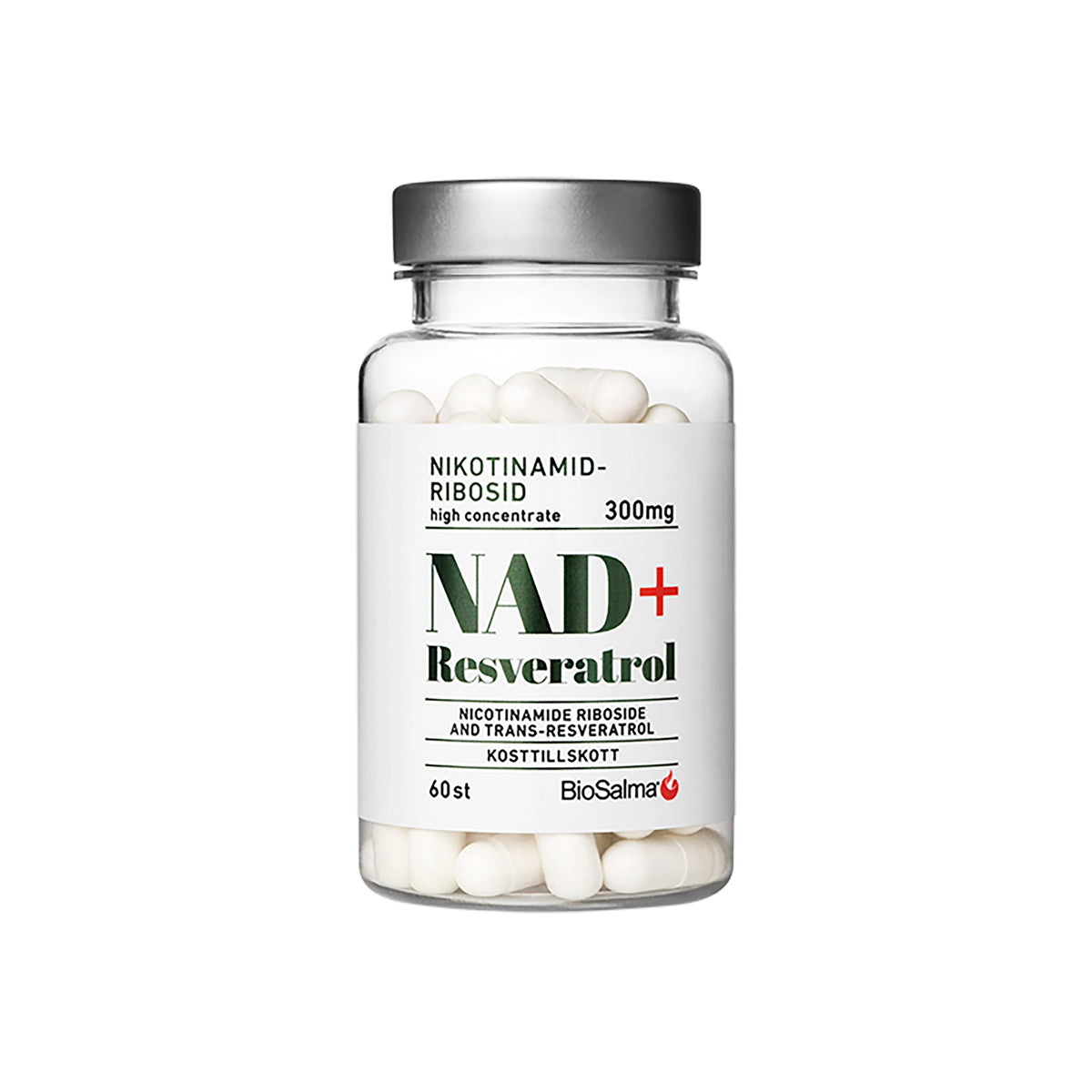 BioSalma NAD+ 300mg +Reservatrol 60 caps kosttillskott i en genomskinlig burk med silverlock och vit etikett med svart och grön text., bild 1 av 1