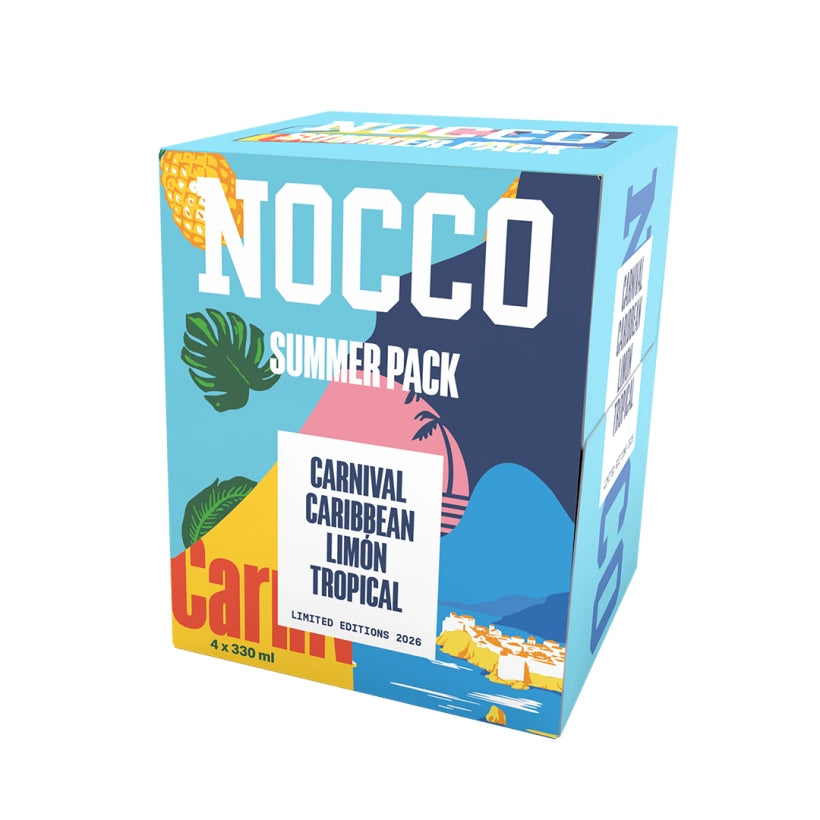 NOCCO Summer Pack 4-pack -energiajuomien vaaleansininen pakkaus trooppisilla yksityiskohdilla., kuva 1/1