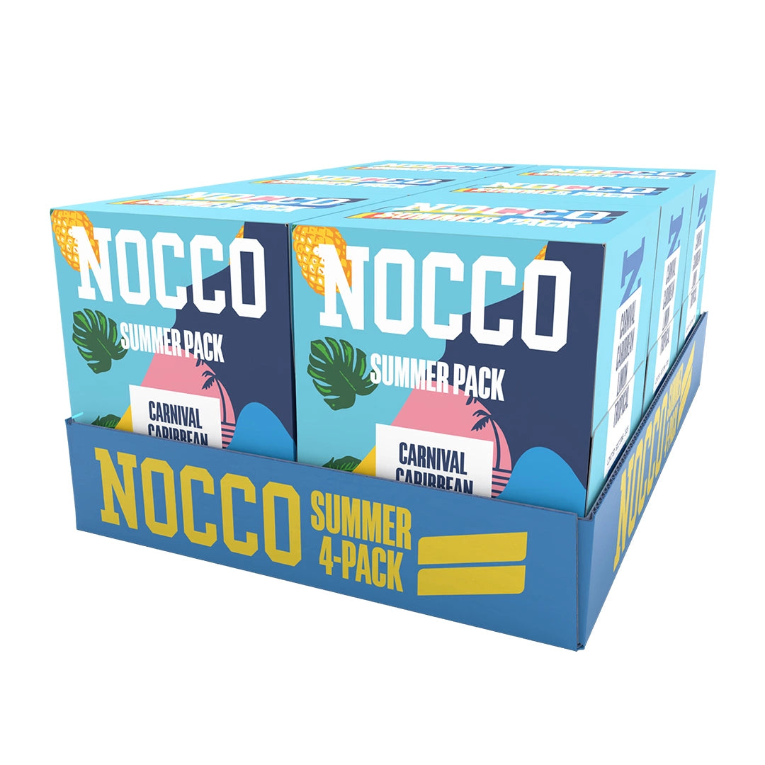 6 x NOCCO Summer Pack 4-pack energiajuoma vaaleansinisessä laatikossa trooppisilla yksityiskohdilla ja kesäteemalla., kuva 1/1