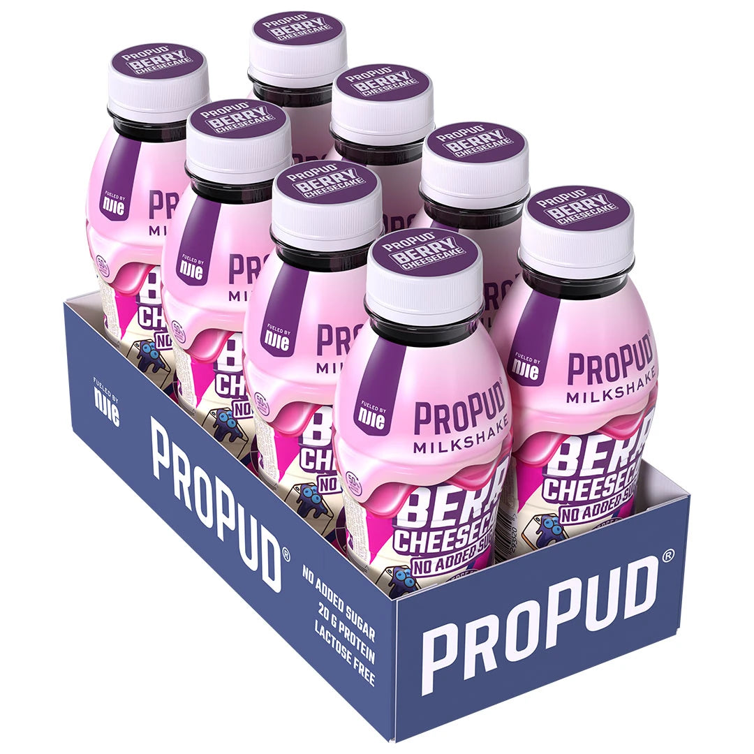 8 x NJIE ProPud Protein Milkshake 330 ml Berry Cheesecake SUPER DEAL sinisessä laatikossa vaaleanpunaisilla ja violeteilla muovipulloilla., kuva 1/1