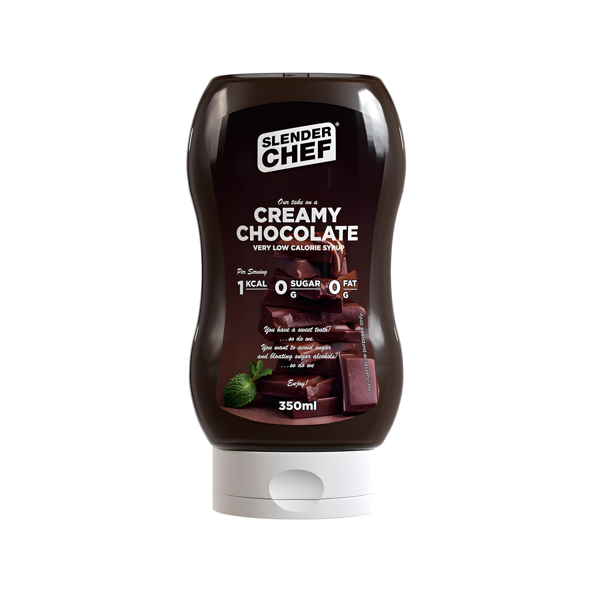 Slender Chef Sweet Sauce 350 ml tummassa puristepullossa valkoisella korkilla, makuna Creamy Chocolate.