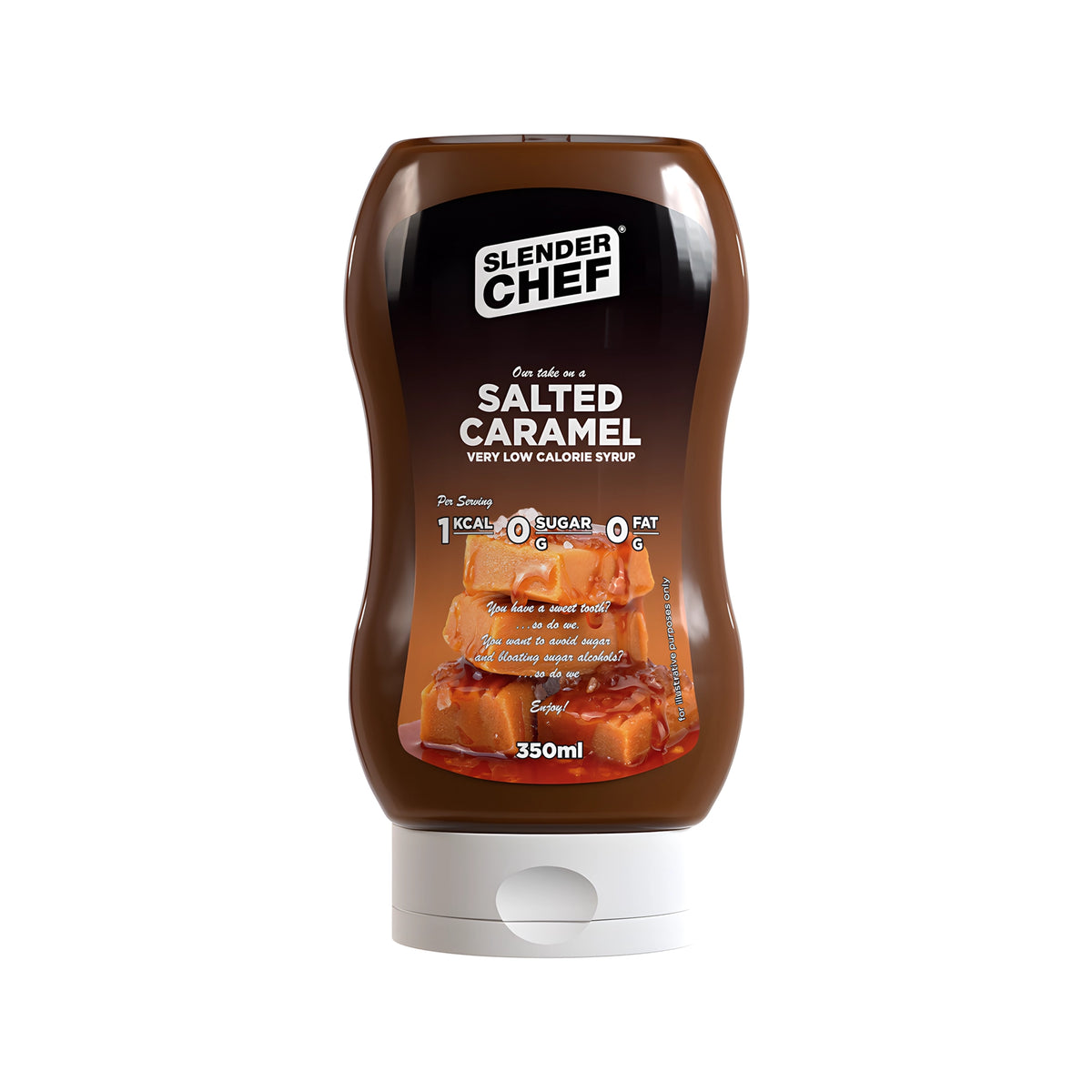 Slender Chef Sweet Sauce 350 ml ruskeassa puristepullossa valkoisella korkilla, makuna Salted Caramel.