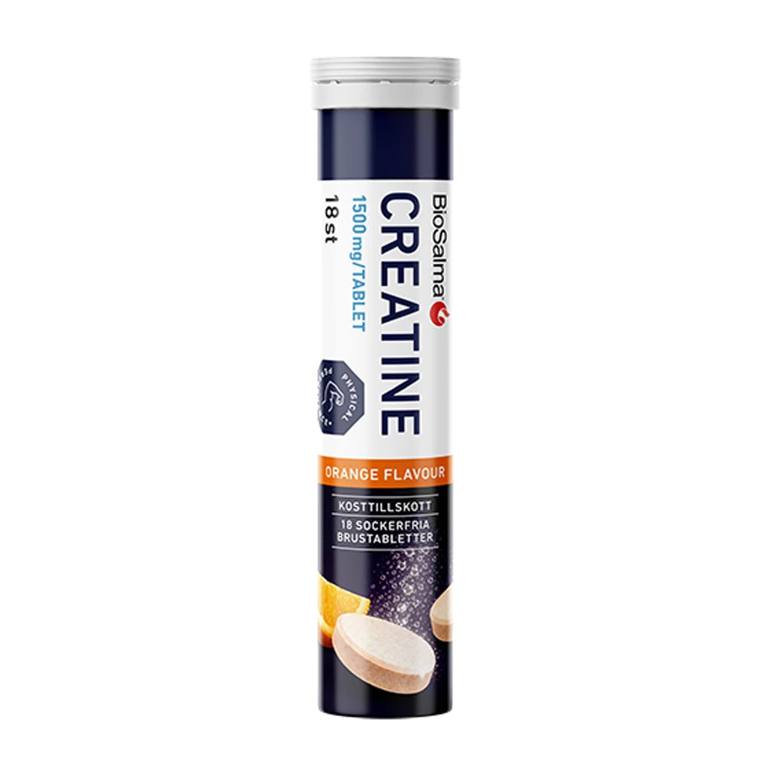 BioSalma Effervescent Creatine 1500 mg Orange -poretabletit valkoisessa ja tummansinisessä putkilossa., kuva 1/1