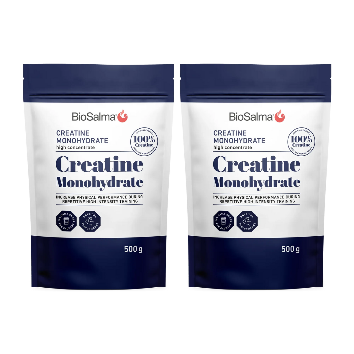 2 x BioSalma Creatine Monohydrat 500 g -jauhe kahdessa valkoisessa ja laivastonsinisessä pussissa., kuva 1/1