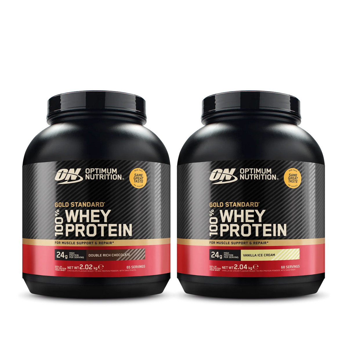2 x Optimum Nutrition 100% Whey Gold Standard 2 kg proteinpulver i två svarta burkar med guldiga och röda detaljer., bild 1 av 1