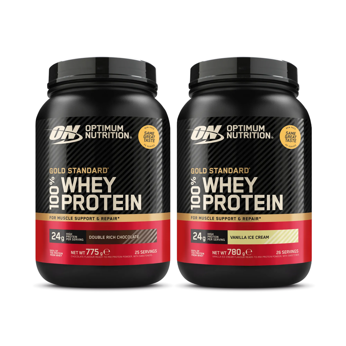 2 x Optimum Nutrition 100% Whey Gold Standard 775 g -proteiinijauhe kahdessa mustassa purkissa punaisin ja kultaisin sävyin., kuva 1/1